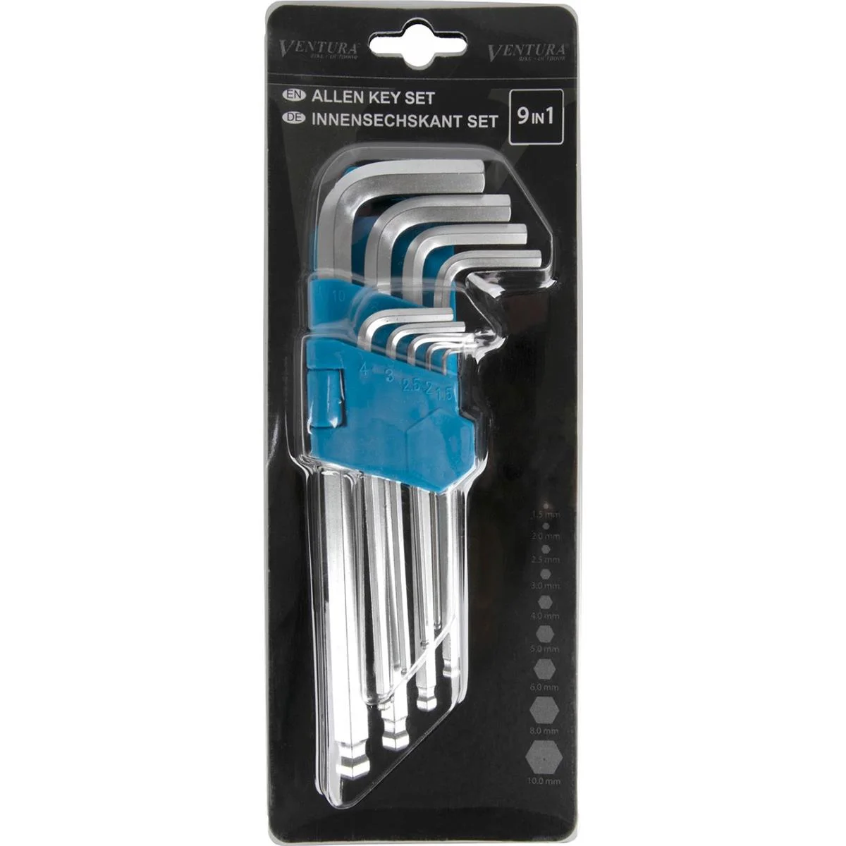 9‑in‑1 Allen key set sizes 1.5–10 mm CrV steel 3